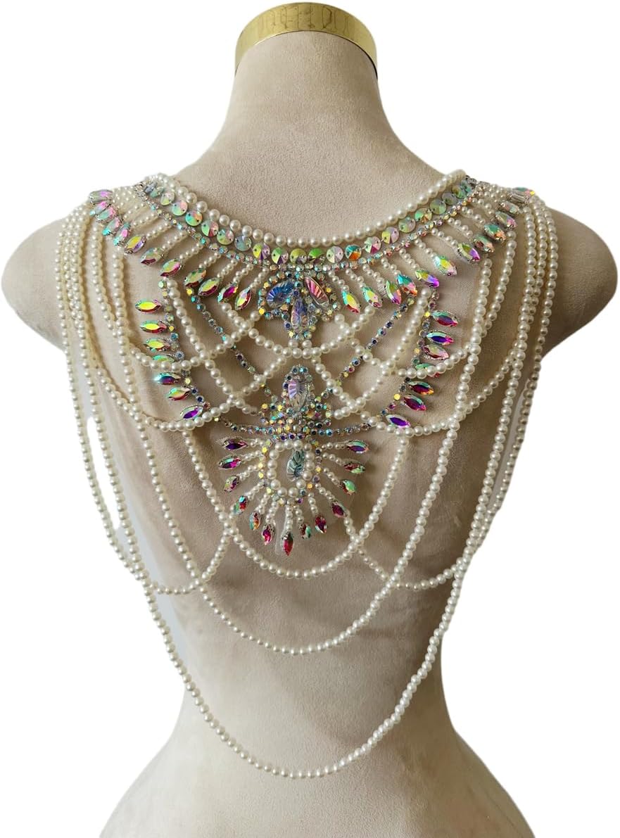 Beaded Rhinestones Applique Embellishment for Clothes Chest Patches Sew-on Diamond Sequin Tassel Decoration Applique for Wedding Dress DIY Accessories (Clear AB)