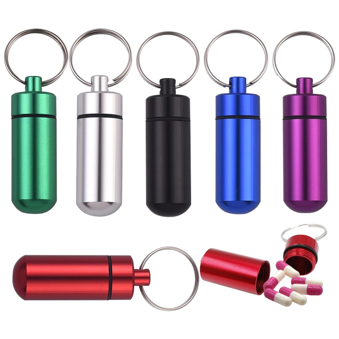 6 Pieces Waterproof Case, Pocket Case, Aluminum Case, Keyring, Small Aluminum Case for Outdoor Sports, Camping, Hiking, 6 Colors