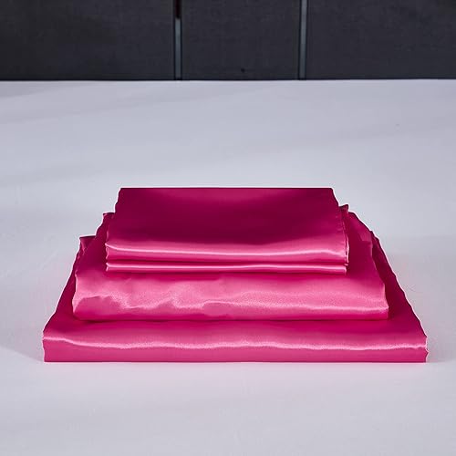 Miniatura 6 de Juego de sábanas de satén tamaño individual, sábanas de seda rosa intenso, juego de sábanas sedosas de lujo con 1 sábana bajera de bolsillo