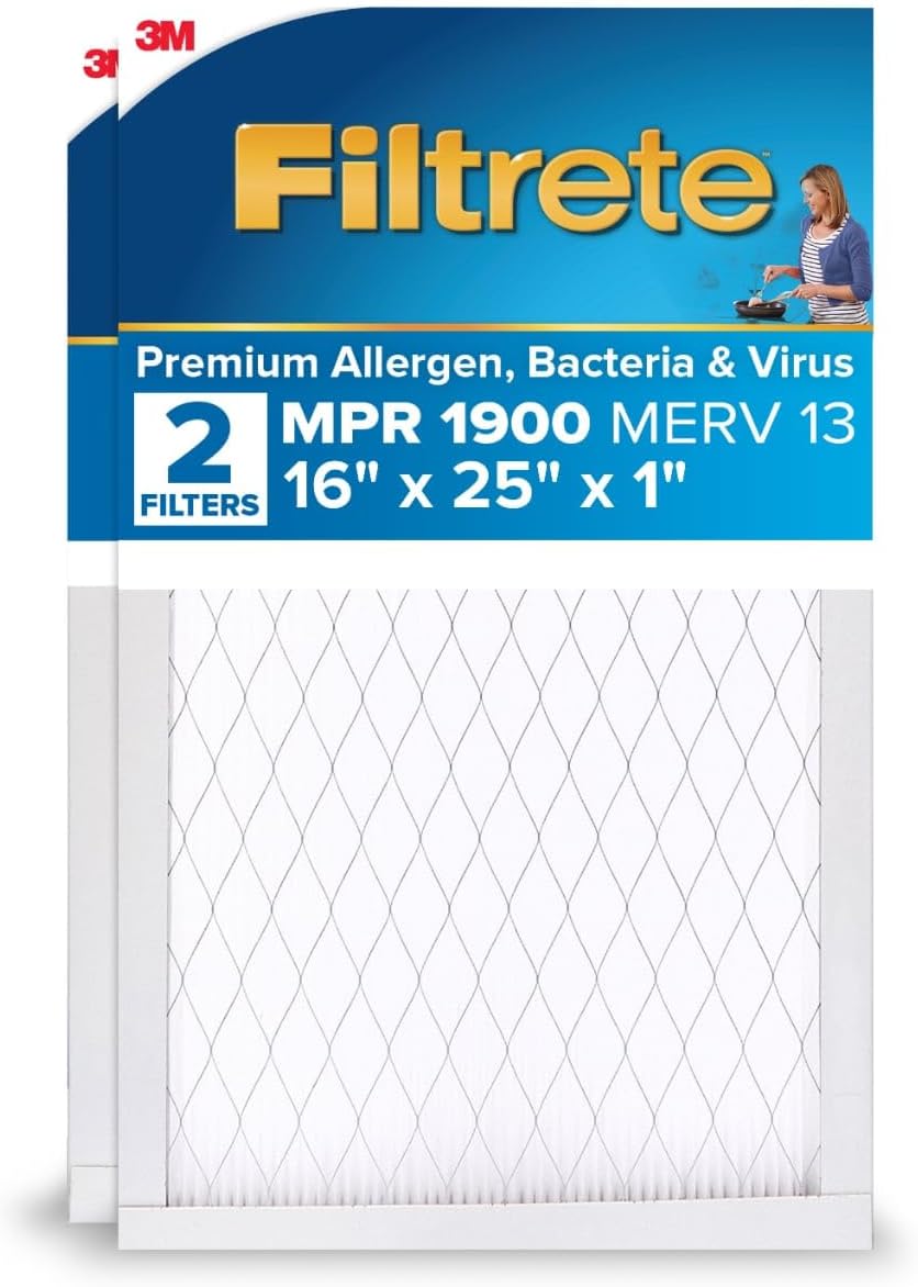 Filtrete 16x25x1 MERV 13 MPR 1900 Premium Allergen Bacteria Virus Air Filter, 3-Month Pleated 1-Inch 2-Pack for Furnace AC HVAC
