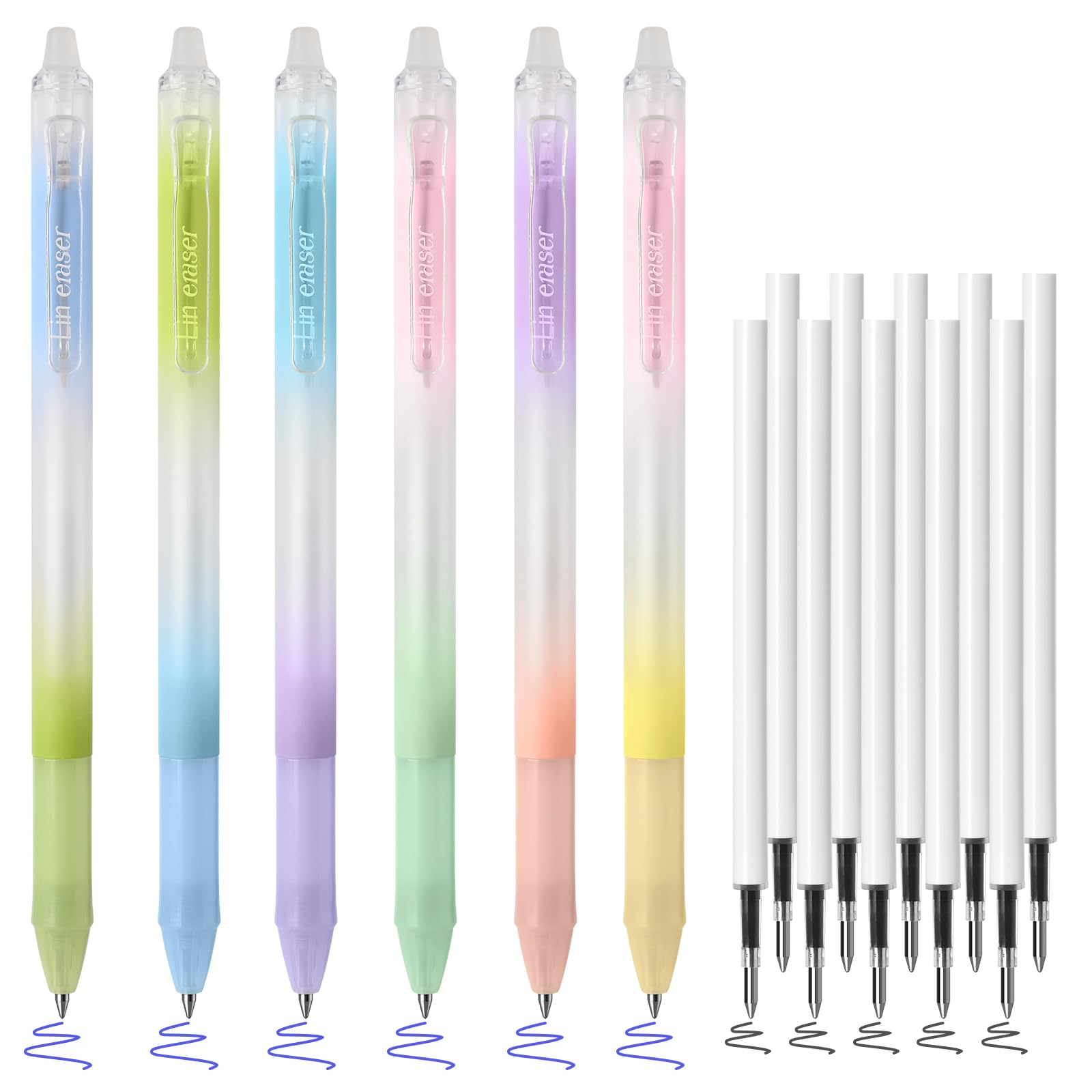 BAYTORY Erasable Gel Pens, 6Pcs Blue Ink Pens & 10Pcs Black Refills, Retractable Pen with Eraser, Smooth Writing Aesthetic Erasable Pen for Crossword