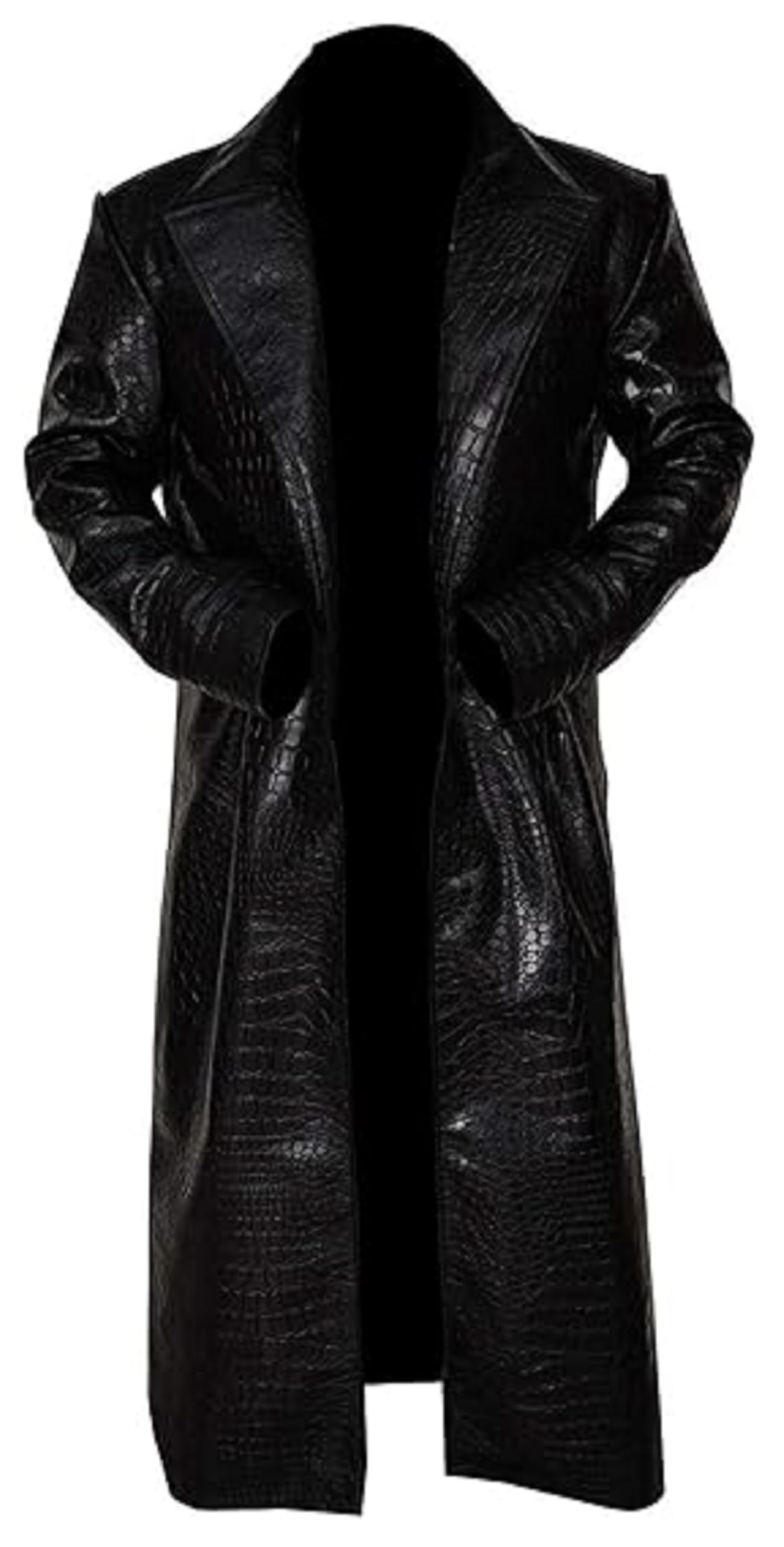 Cappotto lungo da uomo in pelle di coccodrillo nero elegante ispirato a Matrix Cosplay soprabito