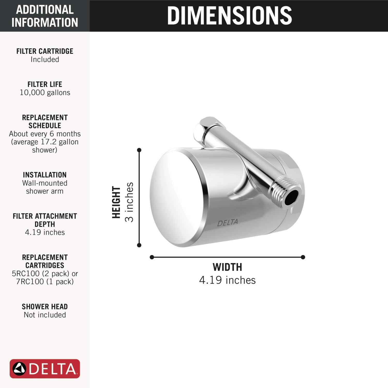 Delta Bateria Clarifi Standardowa nasadka filtra prysznicowego z filtrem, filtr prysznicowy z twardą wodą, filtr głowicy prysznicowej, chrom 7SF100
