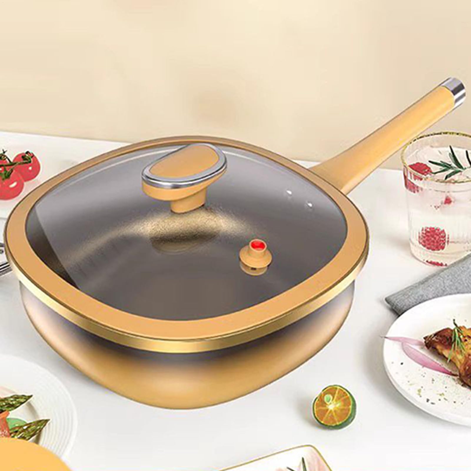 Genérico Poêle à frire antiadhésive avec couvercle - Casserole en alliage de titane pour induction, four, grill, maison, cuisine, appartement, camping, restaurant