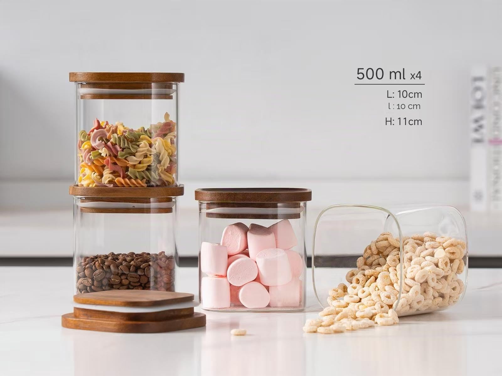 QuaLife Lot de 4 bocaux de conservation (650 ml) – Verre borosilicate avec couvercle en bois d'acacia, hermétiques et empilables, bocaux carrés pour café, thé, épices et aliments