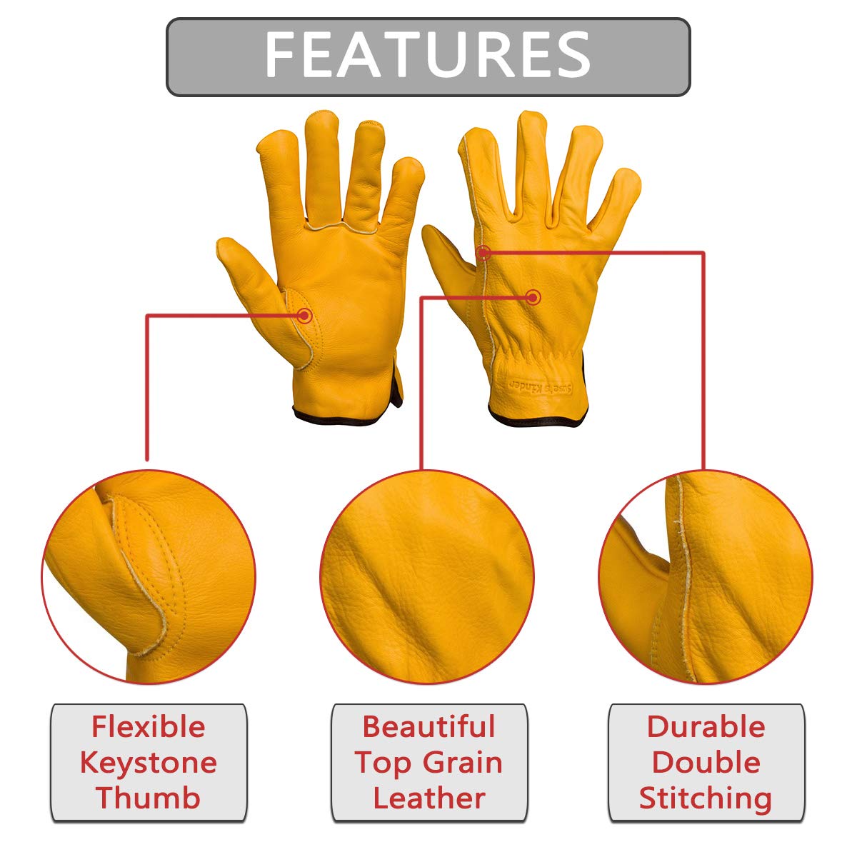 Suse's Kinder Top Grain Leather Work Gloves for Men and Women (1 Pair, XL)