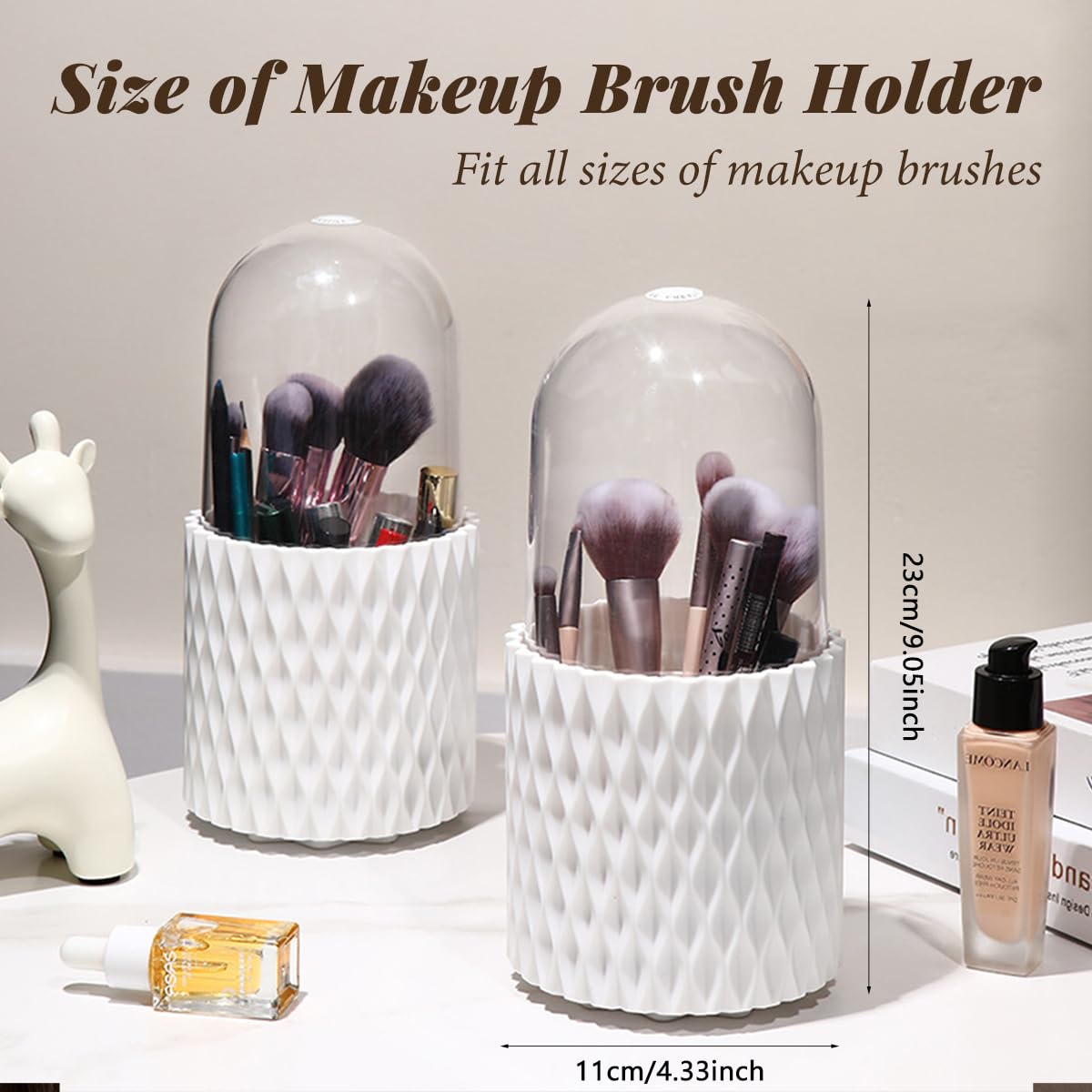 2 Pack Makeup Brush Holder, 360-Degree Rotating Makeup Brush Organizer with Clear Acrylic Lid, Dustproof Waterproof 5 Slot White Pencil Storage Cup for Desktop Countertop Vanity, March 8 Women's Day