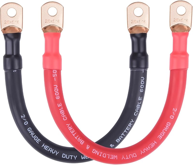 Cabo de bateria iGreely 2/0 AWG em cobre com terminais 5/16" – Par vermelho e preto de 30,48 cm