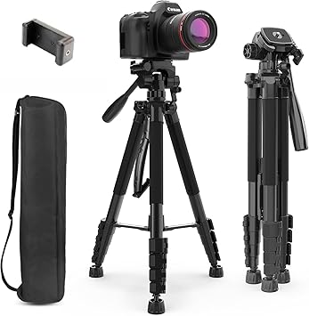 55-Inch Aluminum Tripod with Mobile Holder, Lightweight & Portable Tripod Kit, 360° Head, Stable Design, Supports Up to 5 kg (Black)