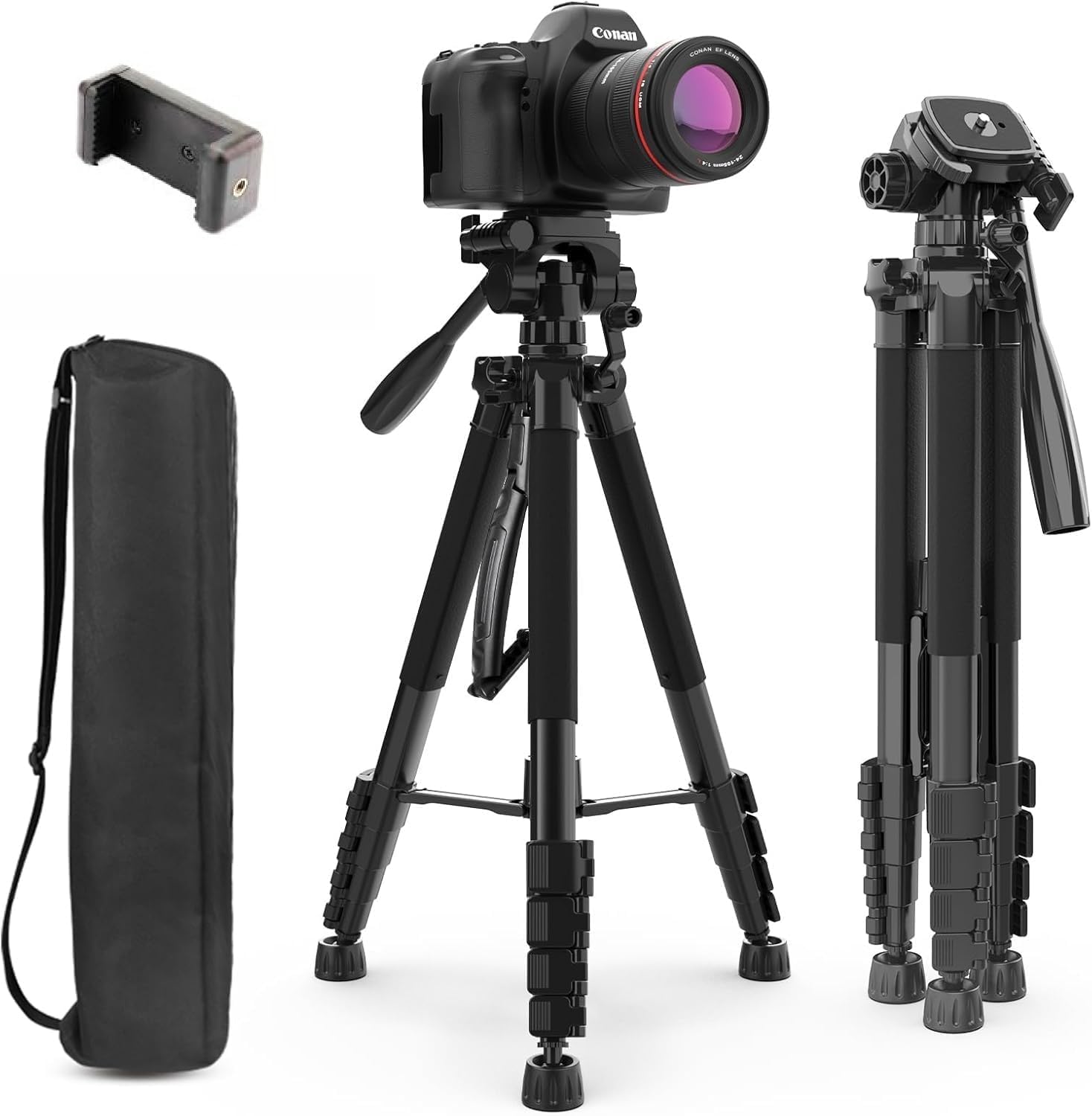 55-Inch Aluminum Tripod with Mobile Holder, Lightweight & Portable Tripod Kit, 360° Head, Stable Design, Supports Up to 5 kg (Black)-image-18
