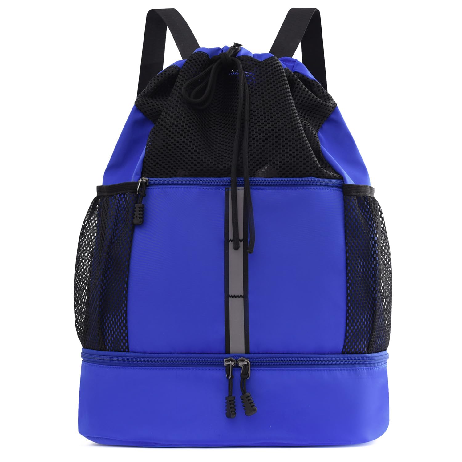 GUIFIER Drawstring Backpack with Waterproof Pocket, Gym Bag with Shoes Compartment and Water Bottle Holder, Mesh Swim Bag for Women Men (Royal Blue)