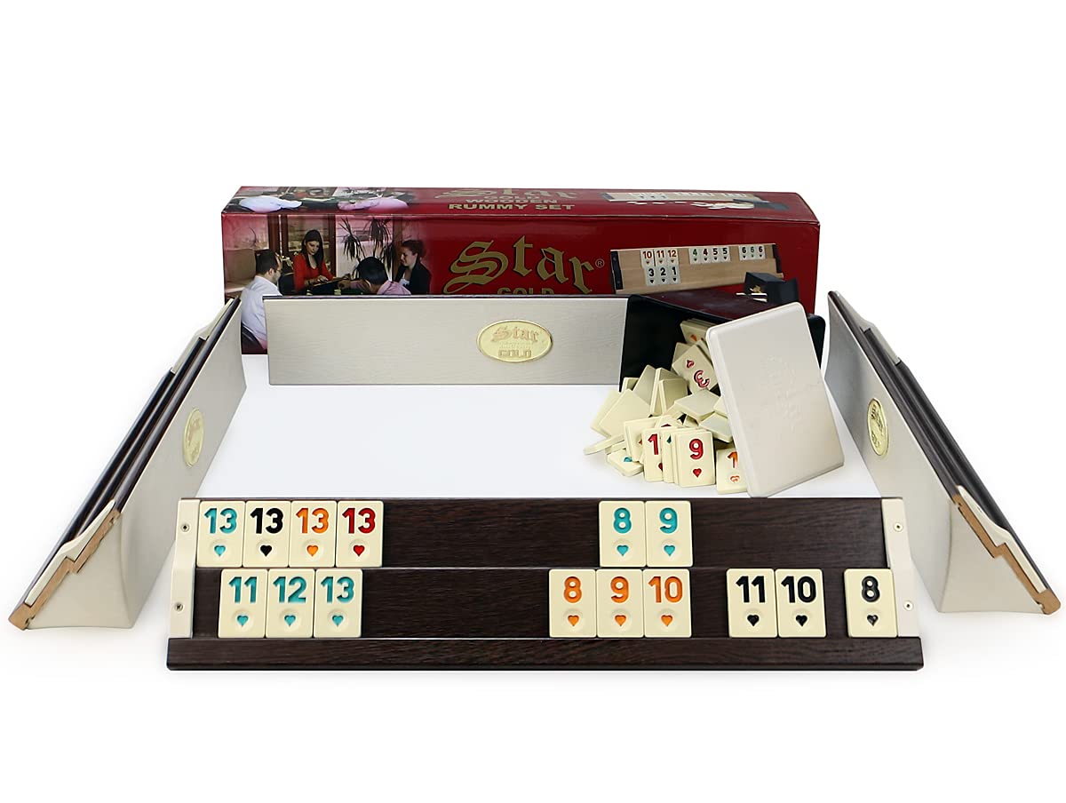 Original Star Gold Rummy/Okey Set – Holz-Plastik mit Melamin Spielsteinen | 104 Steine + 2 Joker, 4 Aufsteller & Würfel | Okey Takimi Dunkel, rutschfeste Matt-Steine für Familie & Freunde