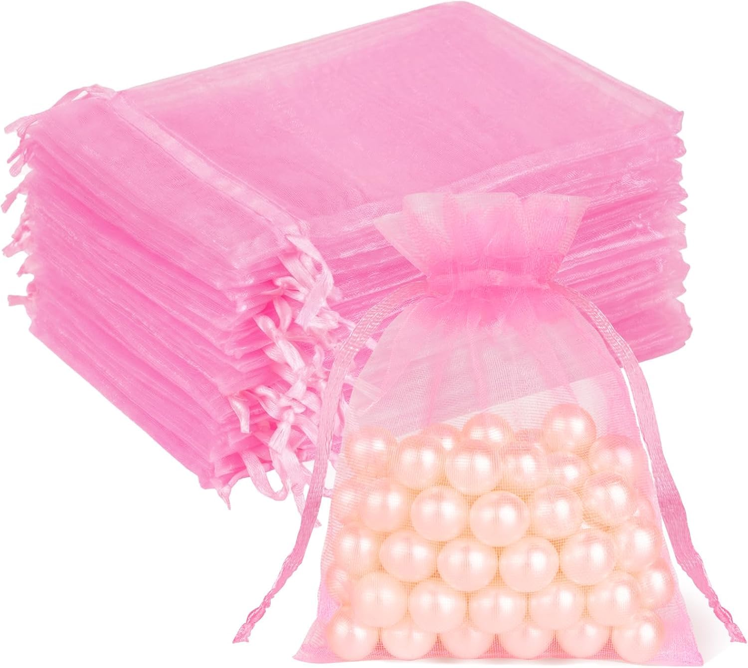 Hopttreely 50 Pcs Pink Organza Bags 4x4.72 Inch, Sheer Mesh Gift Bags Bulk with Drawstring, Small Jewelry Candy Soap Makeup Sachet Pouches for Wedding Baby Shower Birthday Party Favors