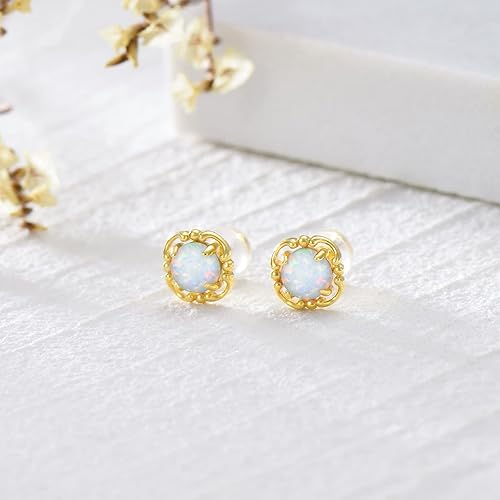 Miniatura 3 de Opal Earrings 14k Solid Yellow Gold Opal Earrings FlowerTriangleStarVintage Opal Stud Earrings Gold Earrings for Women Opal Jewelry Gifts