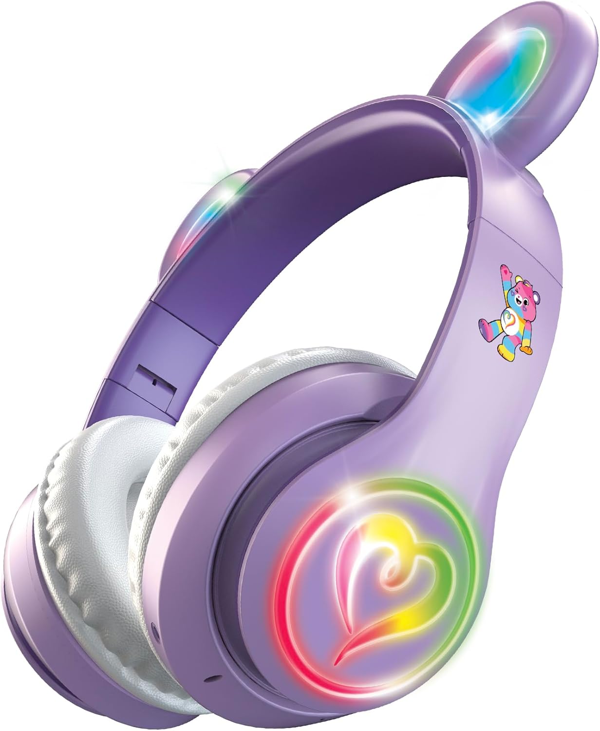 Care Bears Wireless LED Headphones, angled view with multicolor LED lights illuminated on ears and earcups.