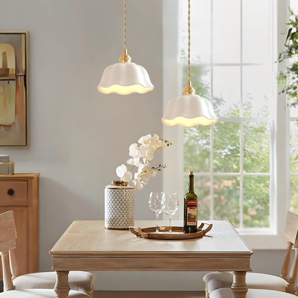 Set di 2 lampadari per soggiorno moderno, a forma di fiore, paralume in ceramica, a sospensione, stile retrò, E27, lampada da soffitto, lampada a sospensione nordica per cucina camera da letto