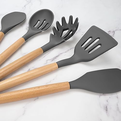 Miniatura 6 de Juego de utensilios de cocina, 12 piezas de utensilios de cocina de silicona con mango de madera, resistentes al calor, pinzas antiadherentes,