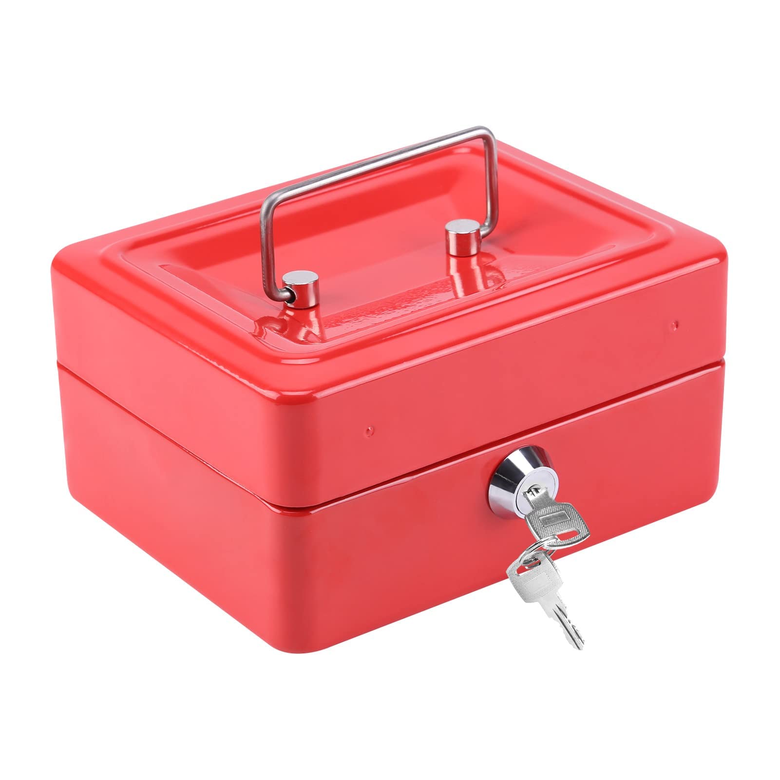 CROWNSHOP Lockable Cash Box 6" Metal Money Box with 2 keys Lockable Portable Petty Cash Deposit Tin with Removable Change Tray for Kids Shop Office Home (Red)