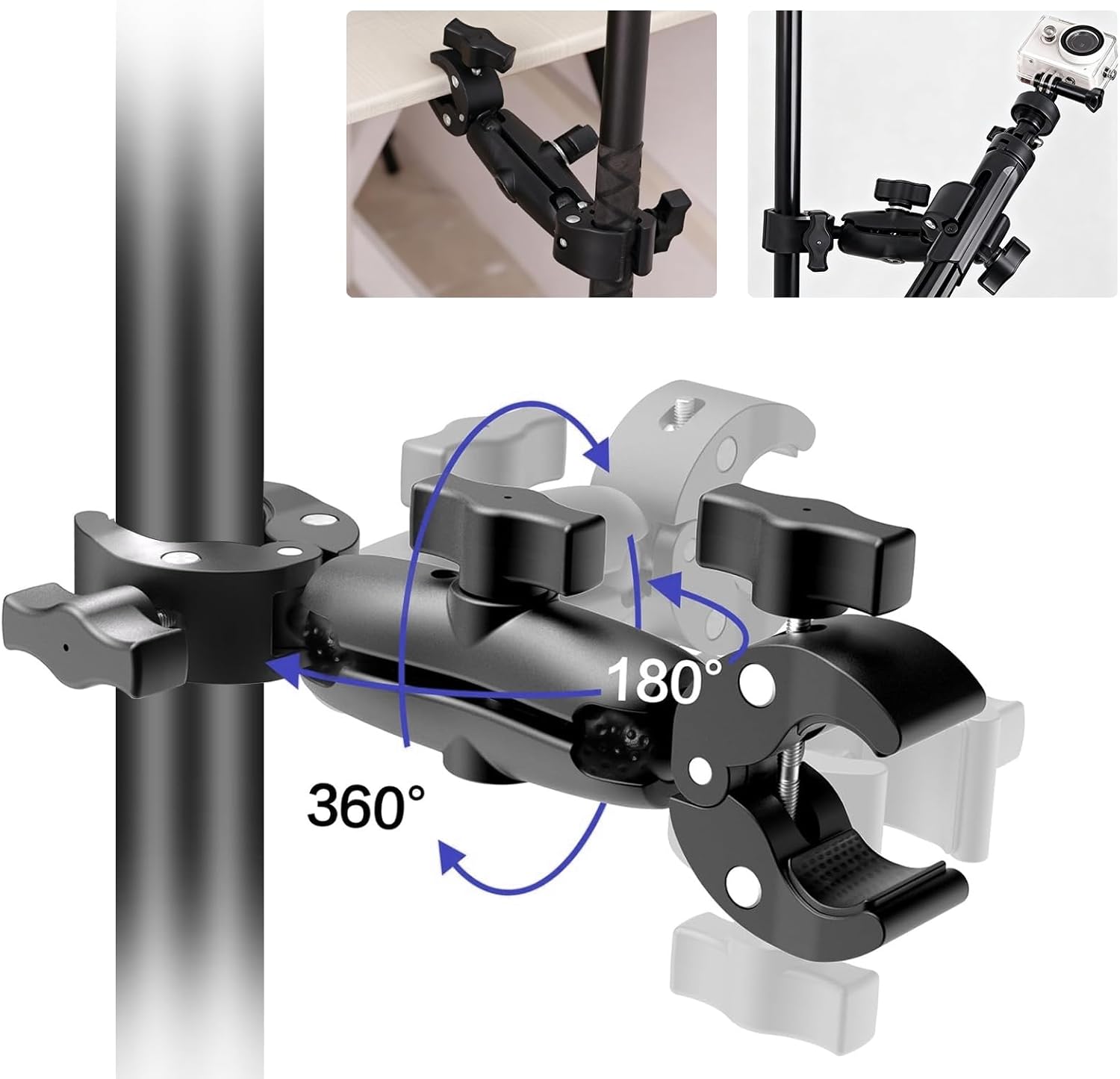 Universal Sports Camera Mount, Double Clamp with 360° Magic Arm, Heavy-Duty Ball Head Mount, for GoPro,a360, Stabilizer (Small)