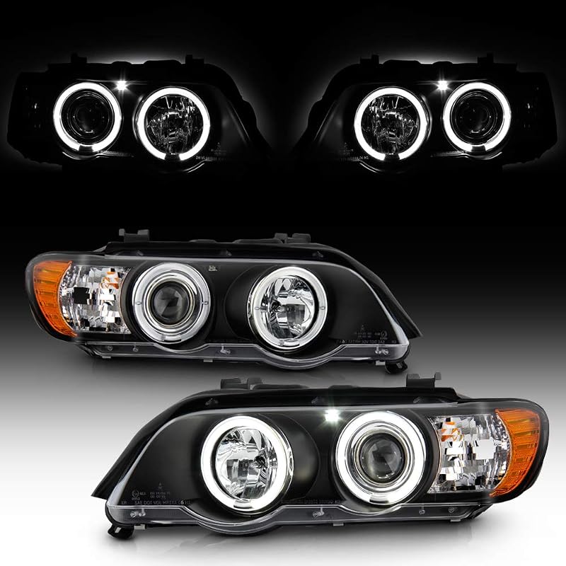 ACANII - For [Halogen Model] 2000-2003 BMW E53 X5 LED Angel Eye Halo Black Projector Headlights Headlamps Assembly