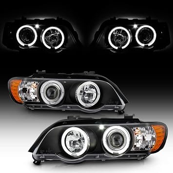 ACANII - For [Halogen Model] 2000-2003 BMW E53 X5 LED Angel Eye Halo Black Projector Headlights Headlamps Assembly