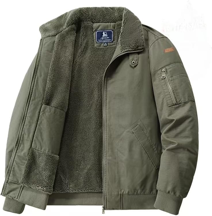 Men's Pilot Jacket, Thickened Fleece Lining Warm Coat with Full-Zip Fashionable Winter Cotton Jacket