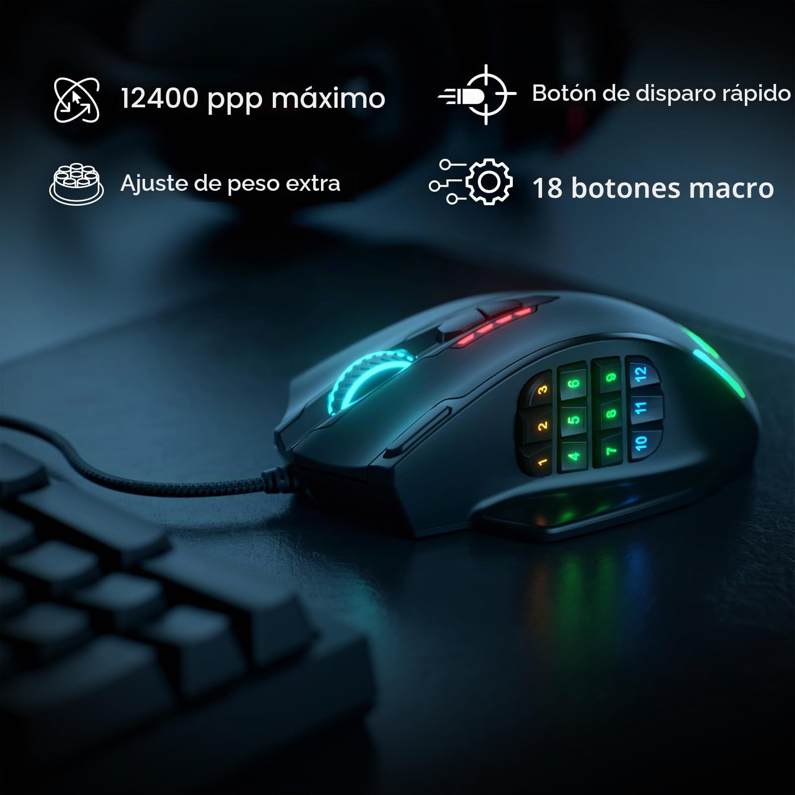 Redragon M908 Impact RGB LED MMO Mouse con Botones Laterales Laser Wired Gaming Mouse con 12.400DPI, Alta precisión, 19 Botones programables de ratón