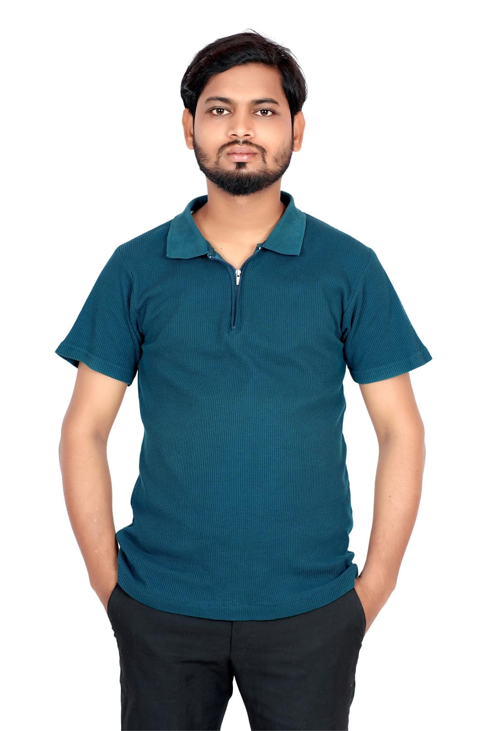 Men's Teal Waffle Knit Polo T-Shirt with Half Zip-picture-36