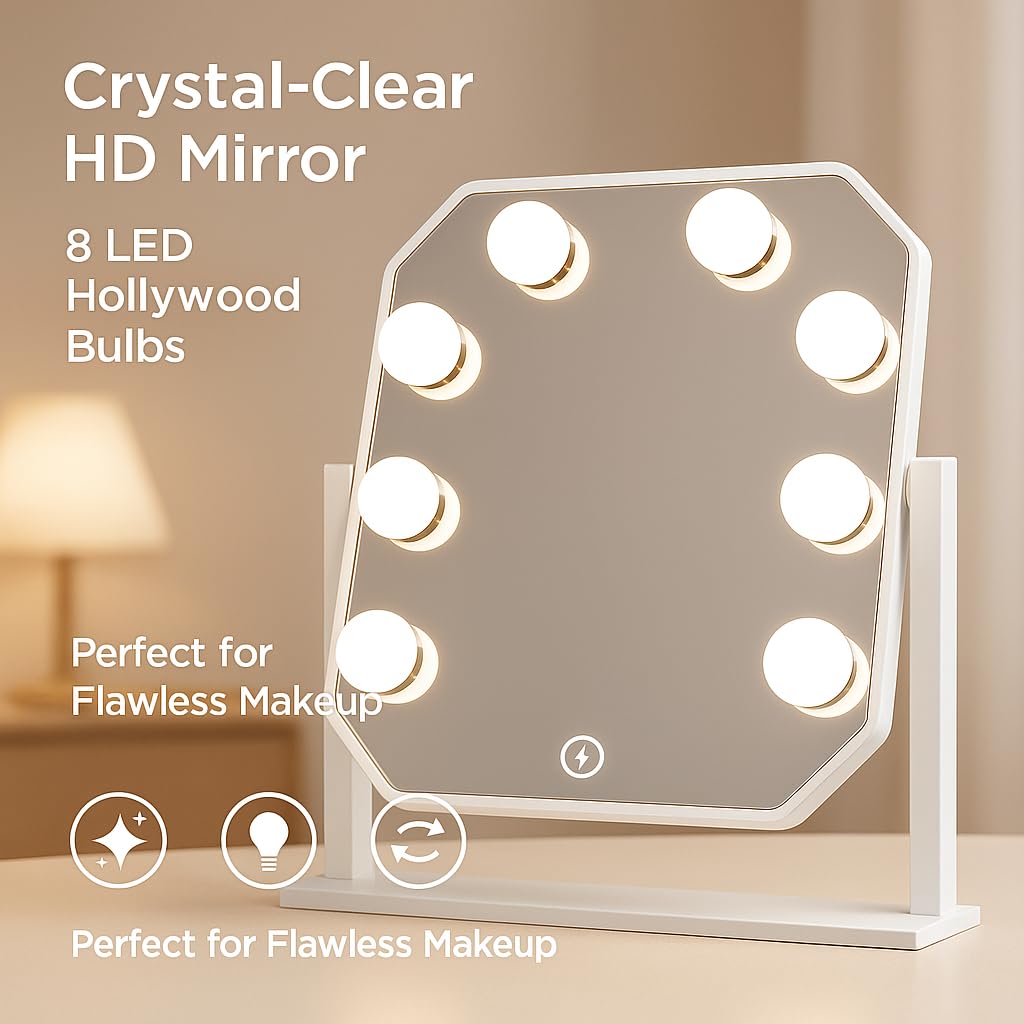 Schminkspiegel mit Beleuchtung Hollywood Spiegel - Vanity Mirror mit 8 LED Klein Kosmetikspiegel mit Licht 360° Drehung Tischspiegel 3 Modi Schminktischspiegel Touch Dimmbar