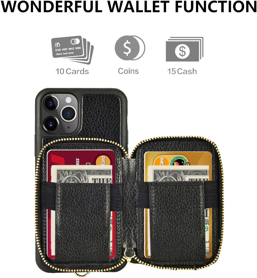 ZVE Wallet Case for iPhone 11 Pro Zipper Wallet Case with Credit Card with Wrist Strap Protective Handbag Purse Leather Case for Apple iPhone 11 Pro 2019 5.8'' - Black