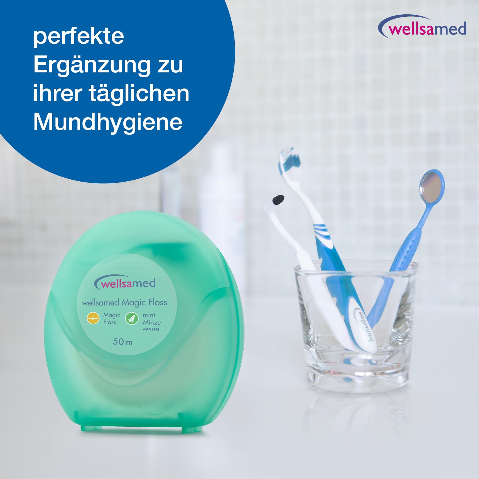 Wellsamed ungewachste Flauschzahnseide im 50m Spender Minzgeschmack (40 Stück)