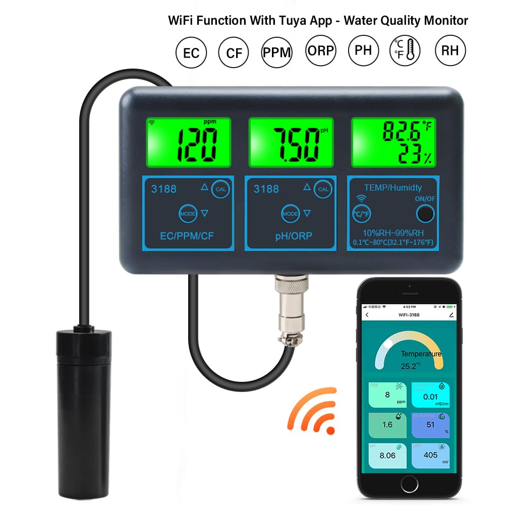 Testeur numérique de qualité de l'eau pour aquarium, spa, piscine – Moniteur intelligent WiFi pour pH, ORP, EC, PPM, humidité, température – Compteur de qualité de l'eau en ligne pour l'eau potable