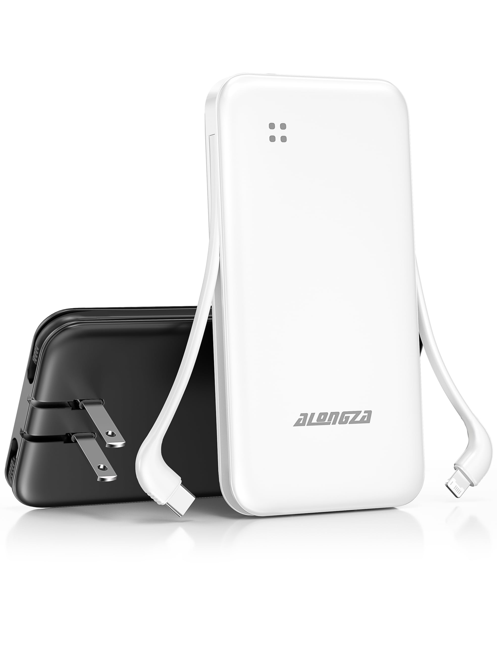 Alongza Portable Charger Built-in Cables and AC Wall Plug Slim Fast Charging Power Bank 10000mAh Lightweight USB C