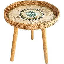 YZZY Round End/Side Tables for Living Room, Bedrooms, Pedestal Plant Stand for Balcony, Handmade Rattan Tray with 3 Legs, Mother of Pearls Inlay Coffee/Accent Table Bohemia
