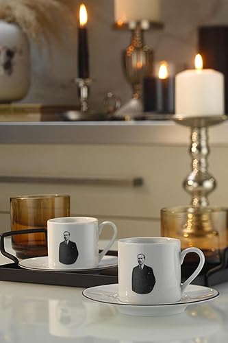 LaModaHome Atatürk - Juego de tazas de café expreso en blanco y negro con platillos, tazas de café turco árabe griego y platillos de porcelana para