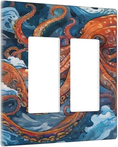 Miniatura 2 de Retro Pulpo Rojo Monstruo Blue Sea Wave Outlet Cubiertas Doble Rocker Interruptor de Luz Decorativa 2 Gang Gfci Placa de Pared Receptáculo Eléctrico