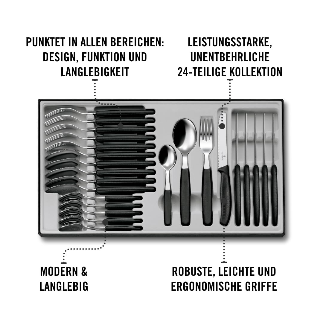 Victorinox Classic, Profi Tafelbesteck, 24-teilig, Extra Scharfe Klinge, Wellenschliff, 11 cm, Rostfreier Stahl, schwarz