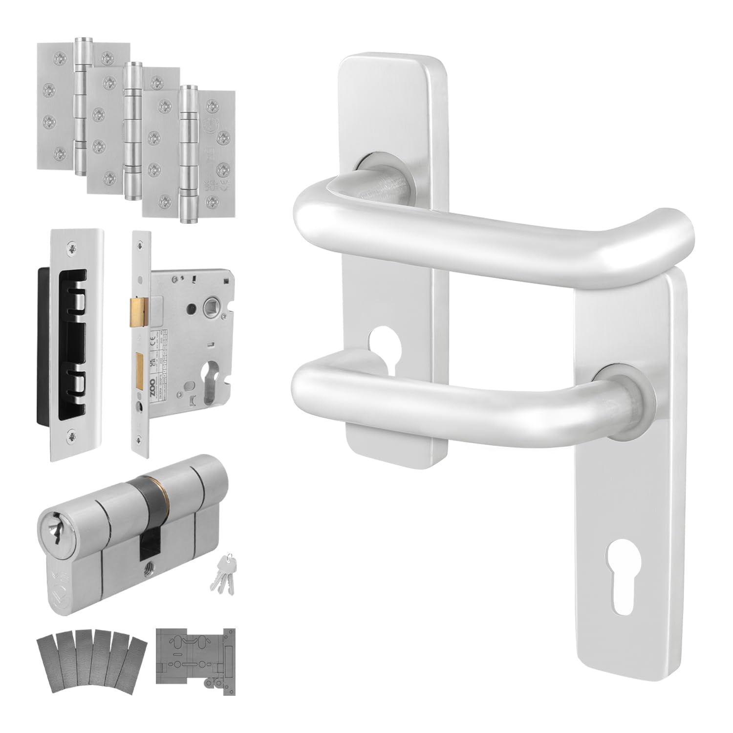 EAI Return to Door Handle on Backplate Euro Cylinder Lock, Hinge Kit for Fire Doors, Satin Aluminium 19mm Diameter Handle