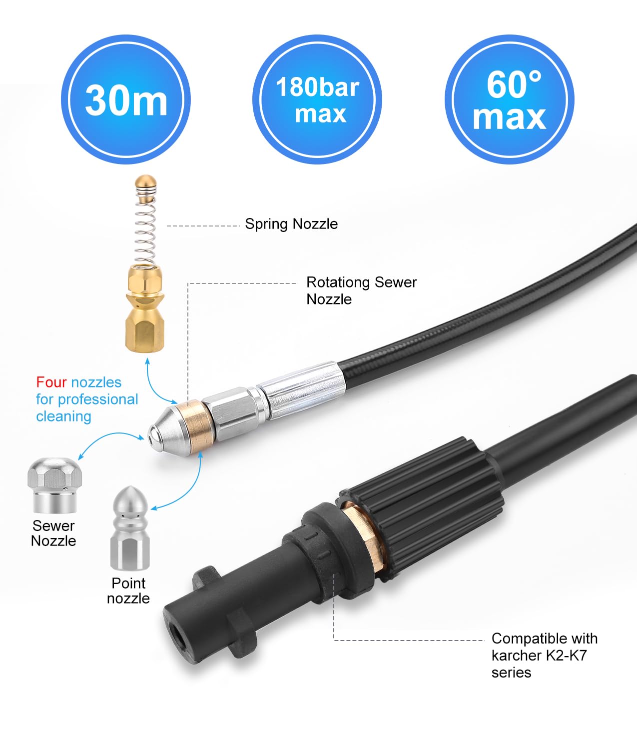 WADEO Manguera de Limpieza a Alta presión de 30 m, 400 bar/5800 PSI, Compatible con Kärcher K2-K7, Lavor, Bosch y Parkside; Kit de Limpieza Profesional con 4 boquillas y 3 adaptadores