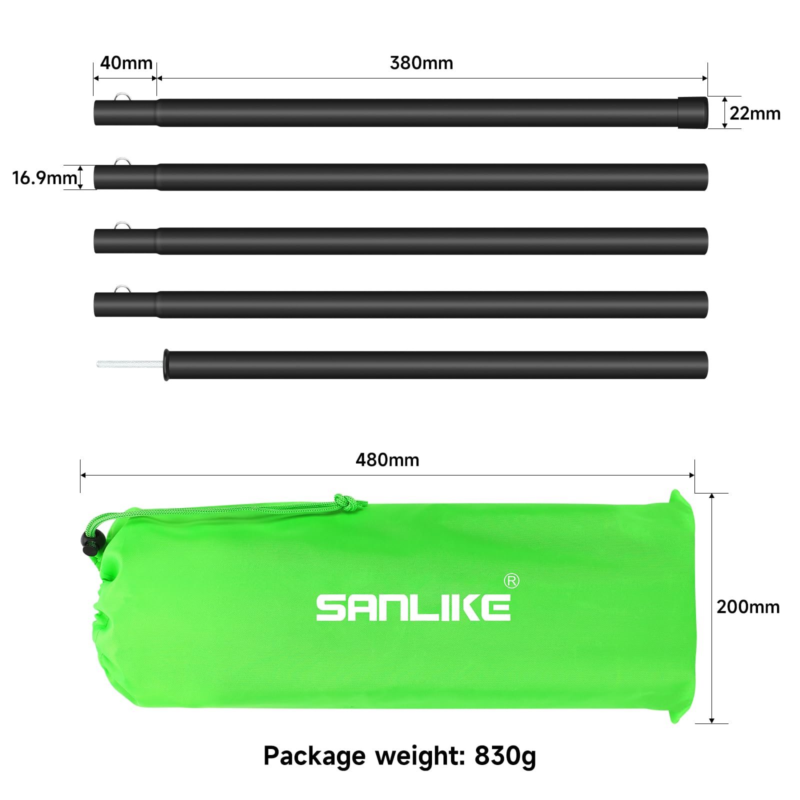 SAN LIKE Asta telescopica per Tenda, 200 cm, Palo da Tenda da Campeggio Regolabili, Asta telescopica per Tende, in Alluminio, per Tettuccio di Protezione Antipioggia, Set di 2