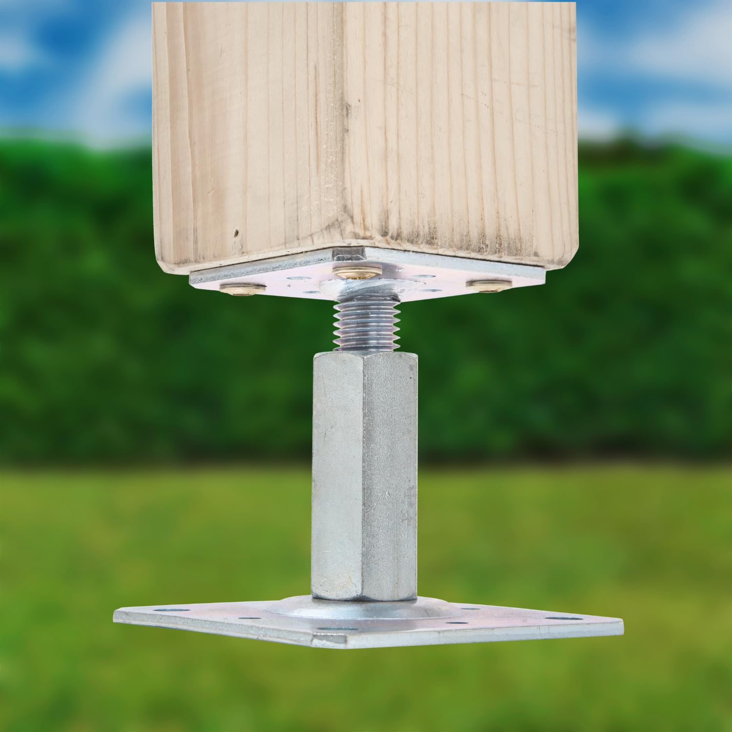 TRIBECCO Support de poteau 110 x 110 cm pour poteaux en bois carrés, support réglable en hauteur de 8 à 15 cm, en acier galvanisé à chaud de 4 mm, à cheviller, pour poteaux, escaliers, scènes