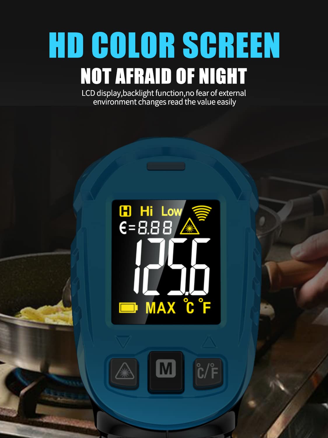 G600A Termómetro infrarrojo pistola láser IR Temp Gauge, pistola de temperatura de calor de mano con emisividad ajustable para cocinar, parrilla y motor | -58°F - 1112°F | NO para humanos