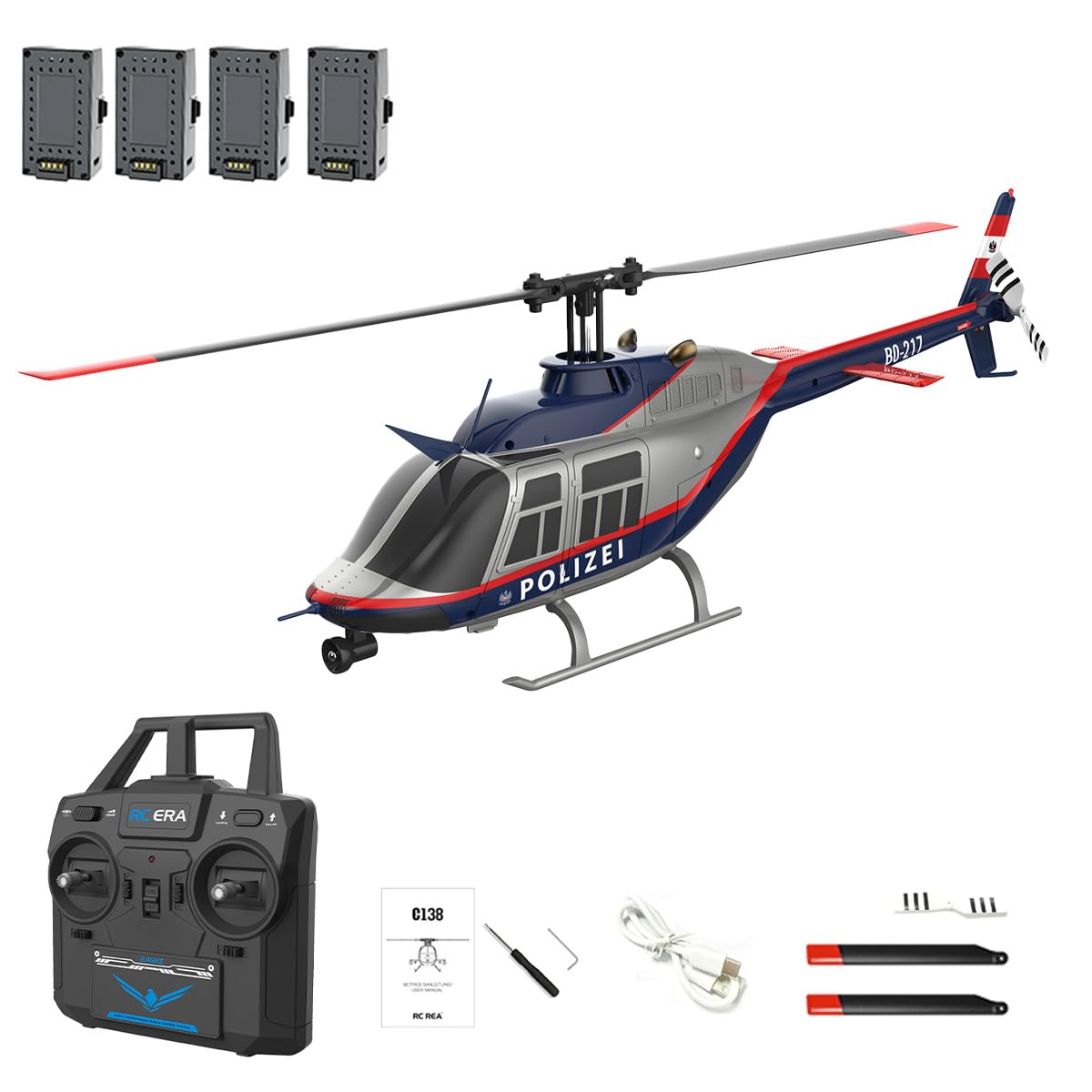 RC ERA C138 BELL206 6CH 6-Axis Gyro RC Elicottero, scala 1/33 Altitudine Hold Flybarless 6CH Remote Controlled Aircraft con posizionamento del flusso ottico 3D Roll Stunt per adulti