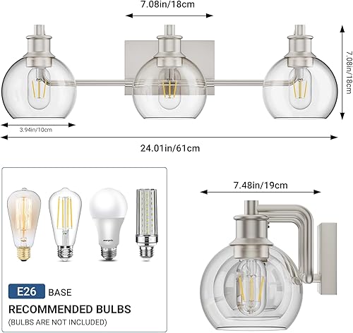 Miniatura 4 de Tipace Lámparas de tocador de baño modernas de níquel cepillado sobre espejo globo de vidrio, 3 luces industriales, iluminación de baño de granja