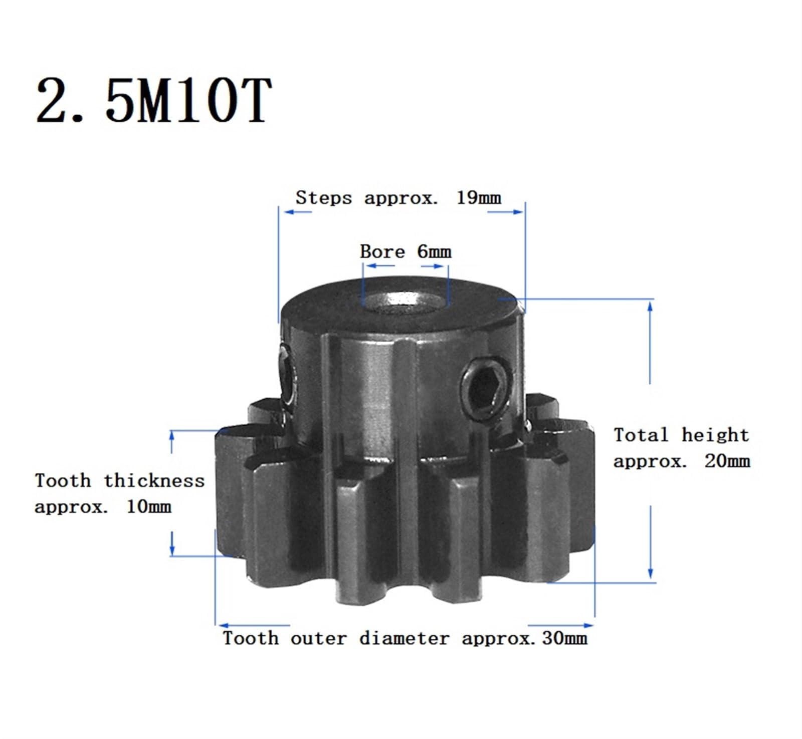 Bevel Gear Pinion Hardware Mechanical 1pcs Spur Gear 2.5M 10T Carbon Steel High Frequency Blackening Bore Size 6mm