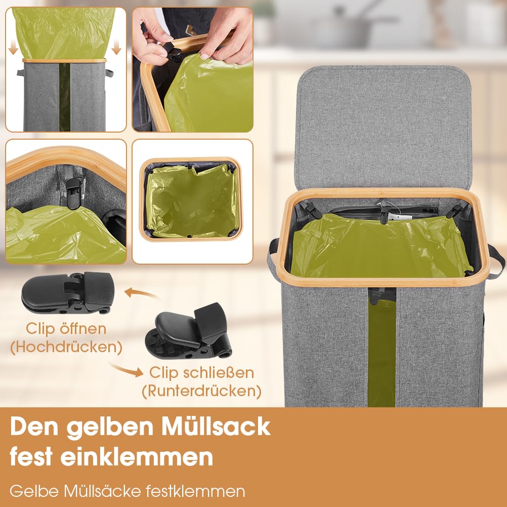 OUSFOT Gelber Sack Ständer 100L, Gelber Sack Mülleimer Integrierte 4 Clips Doppelgriffe Reißverschlussdesign auf der Rückseite Grau, für Wohnzimmer, Küche 【Keine Innentasche】