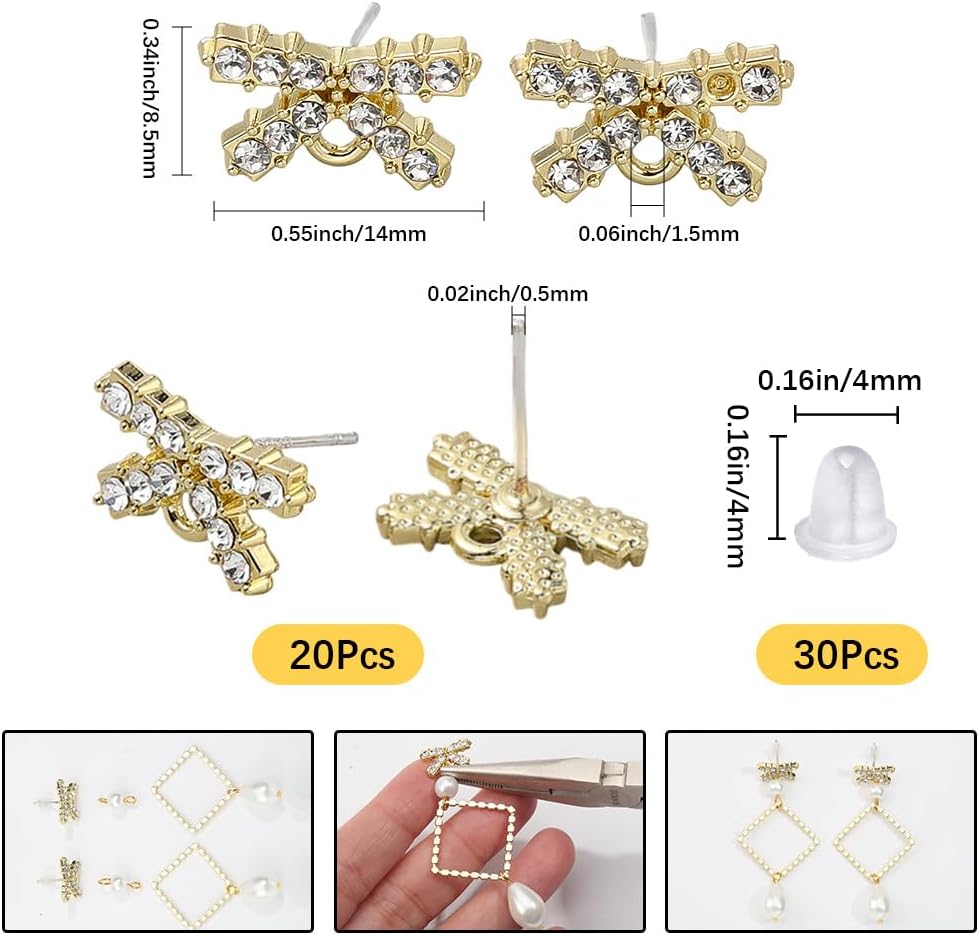 SUNNYCLUE 1 Box 50Pcs Bow Earring Posts,Stud Earring Findings Cubic Zirconia Bowknot 20Pcs Rhinestone Ear Posts with 30Pcs Ear Nuts for Jewelry Making Accessories DIY Crafts Women Adults Supplies