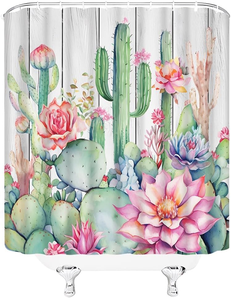 Rustic Cactus Shower Curtain Cacti Desert Succulent Tropical Flower Green Plant Wooden Board Fabric Bathroom Decor Curtains with Hooks,90 x 70