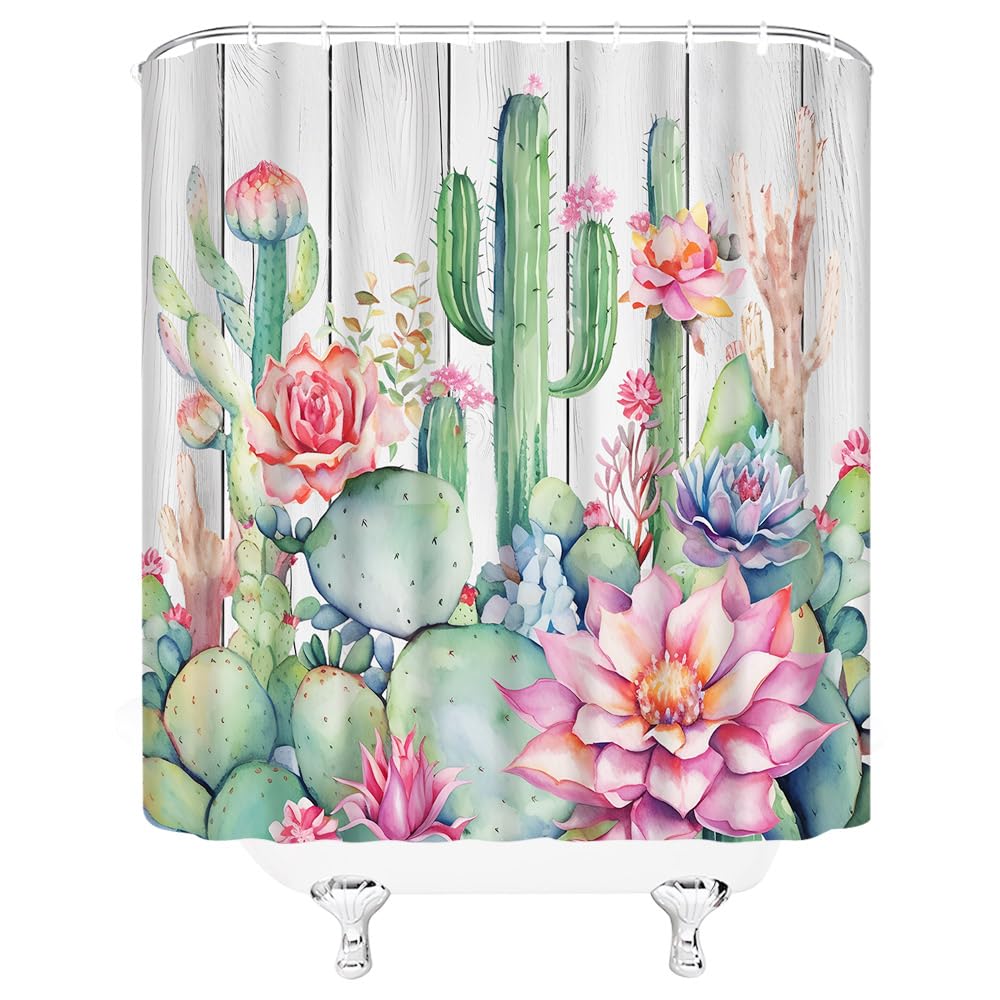 Duschvorhang Tropisches Grün – Boho-Blätter & Kakteen, 180 X 180 Cm, Polyester, Inkl. Haken