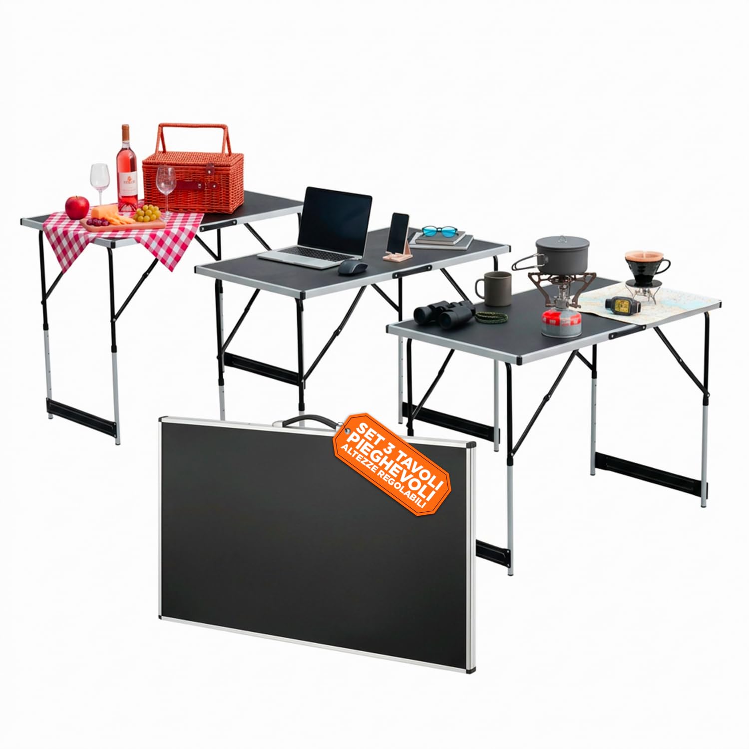 Tavolo Pieghevole Set da 3 con 4 Altezze Regolabili, Struttura in Alluminio e Piano in MDF, per Campeggio, Giardino ed Eventi, Leggero, Salvaspazio e Facile da Trasportare